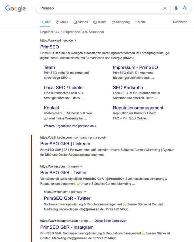 PrimSEO mit Social Media in der google Suche