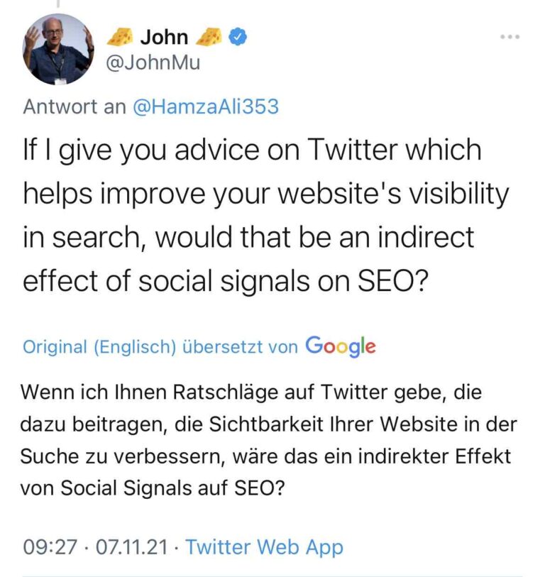 John Mueller von google Post auf Twitter zu Social Signals
