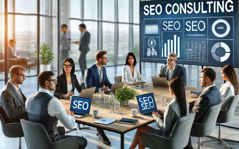 Menschen um einen Tisch im Besprechungsraum eines Büros, die eine SEO Strategie besprechen