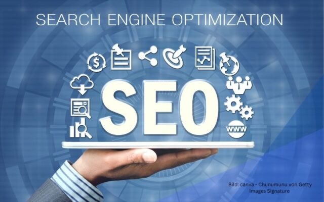 Darstellung SEO und diverse Grafiken werden auf einer Handfläche präsentiert zum Thema SEO Ranking: Was gute Platzierungen wirklich bestimmt