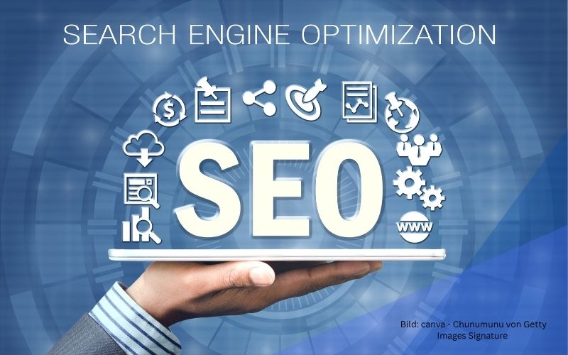 Darstellung SEO und diverse Grafiken werden auf einer Handfläche präsentiert zum Thema SEO Ranking: Was gute Platzierungen wirklich bestimmt